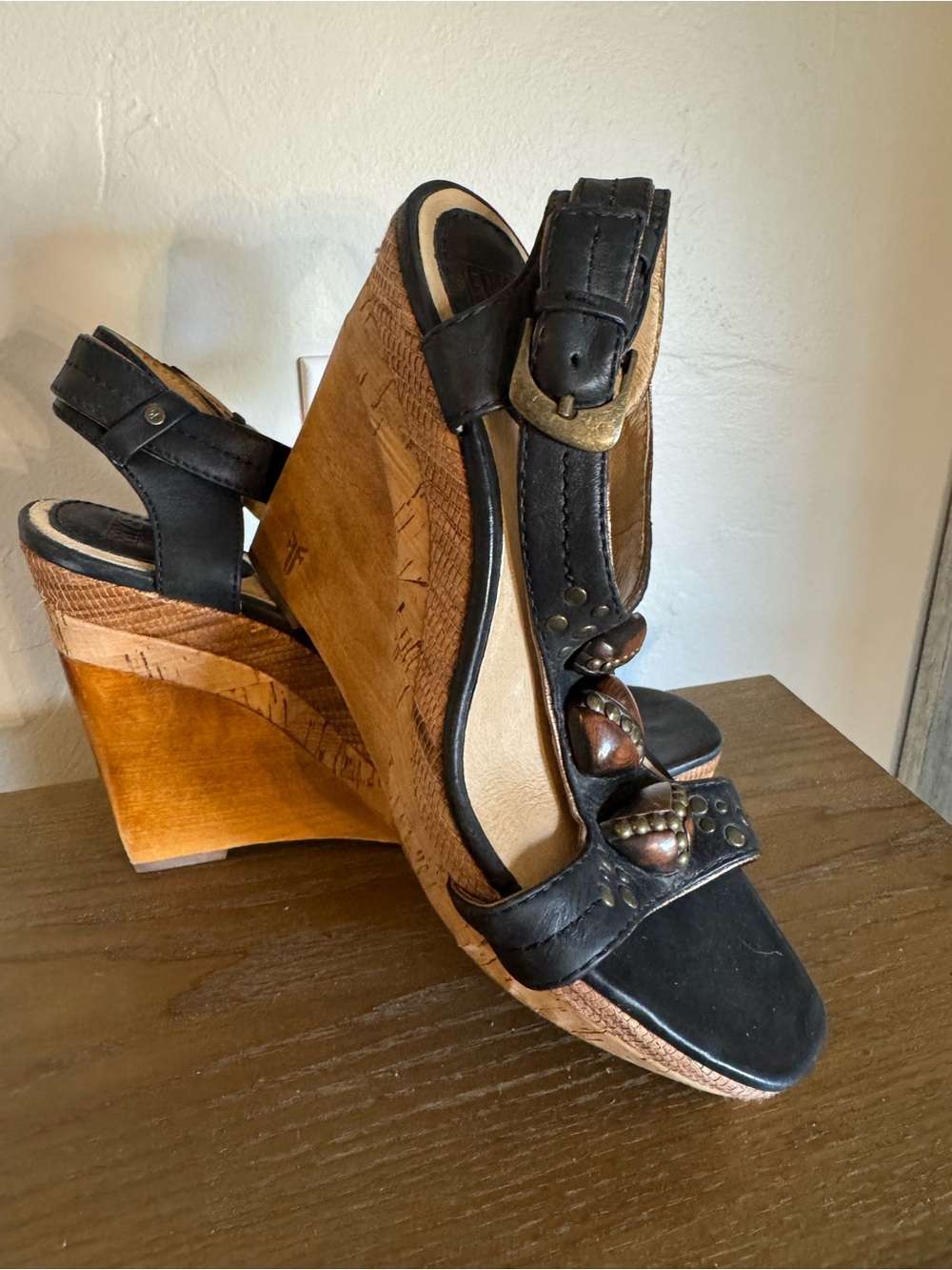 FRYE AND CO. Black Leather T-Strap Heels with Brown Accents.